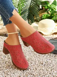 Summer New Hollow Out Embroidered Heeled Mules, Closed Toe Half Sandal Design, Breathable Versatile Lazy Girl Shoes
