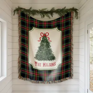 Personalized Plaid Christmas Tree Woven Blanket 100% Cotton