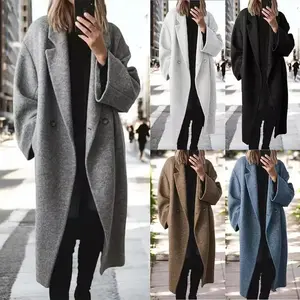 Women's Winter Double Breasted faux wool Coat Long Sleeve Notch Lapel Long Trench Coat Womenswear Check