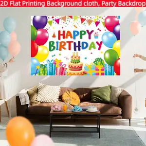 Colorful Birthday Party Backdrop Banner, Polyester Material, Balloon and Cake Elements, Home Decor, Indoor and Outdoor Parties, Photography Background