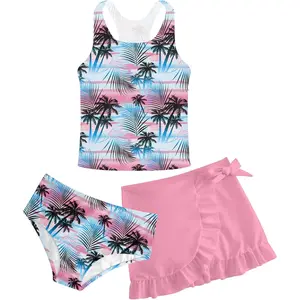 Girls Swimsuits 3 Piece Tankini Bathing Suit Set Cute Bikini Swimwear with Cover Ups Beach Skirt 5-16 Years
