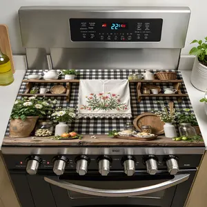 1pc Floral Embroidered Stove Top Cover with Lace Trim - Heat Resistant, Non-Slip Rubber Mat for Electric Stove, Kitchen Decor, Dish Drying & Cooktop Protection, Stove Top Protector, Kitchen Decor Accessory, Checkered Pattern, Heatresistant Material