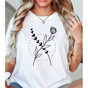 Minimalist Floral Line Art T-Shirt, Boho Botanical Graphic Tee for Women