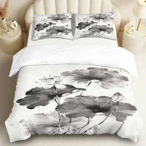 3PCS Duvet Cover Set, 1 Duvet+2 Pillowcases(Without filler), Ink Painting Lotus Zen Minimalist theme, Christmas bedding set, Artistic Elegant Soft Suitable for decoration bedroom living room guest room hotel.