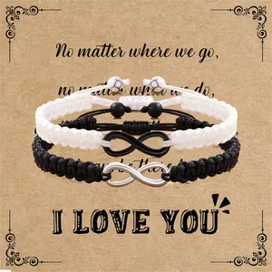 Stainless Steel 8 Infinity Couple Bracelet Braided Leather Rope Bangle Adjustable 7-9 Inch for Lover Friendship Gift