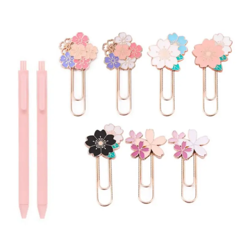 7 PCS Cherry Paper Clips Metal Paperclip with 2 pens, Large Size Paper Clip Cute Bookmark Colorful Office Supplies Present for Teacher & Students, Bookmark Clamp Desk Accessories Stationery for School