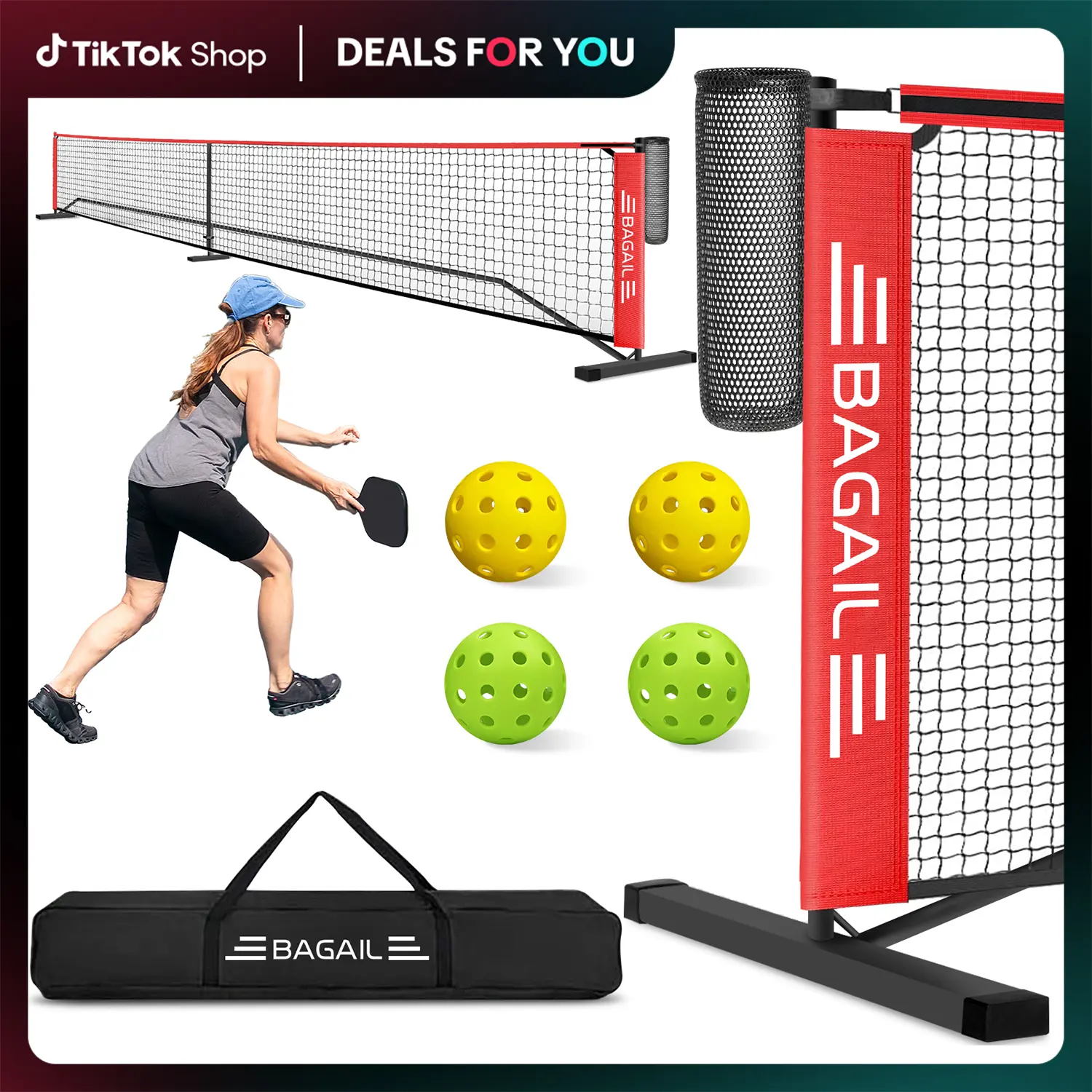 【Summer Wins】BAGAIL Portable Pickleball Net Set, 22 FT Regulation Size Pickle Ball Net with Ball Collector, Carry Bag, Easy Setup for Outdoor Indoor Driveway family sport Training Equipment Baseball Bat