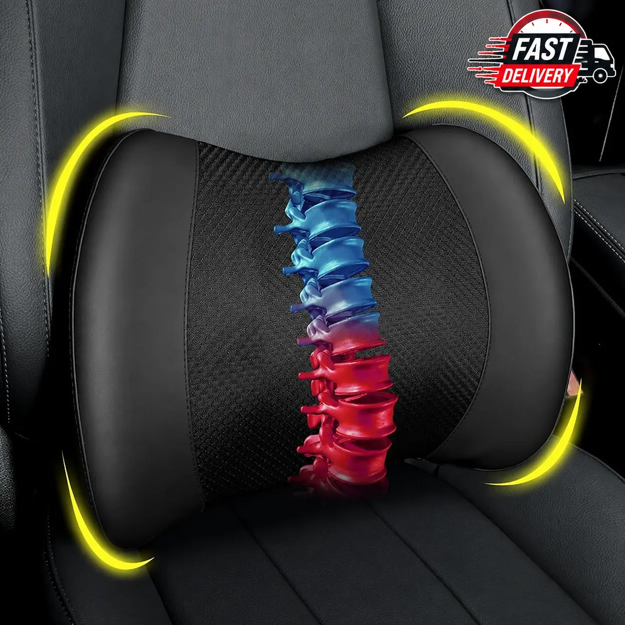 Premium Lumbar Support Cushion - Ergonomic Adjustable Memory Foam Back Pillow with Durable PU Leather & Breathable 4D Mesh for Car, Office Chair (Black), Ergonomic Design, Non-Slip Bottom