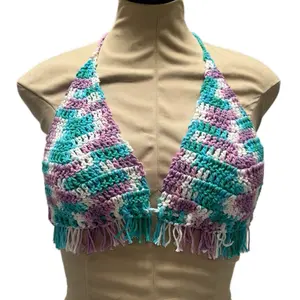 Handmade Crochet Bikini Top with Colorful Stripes and Fringe Detail, Made from Soft Fabric, Comfortable and Versatile Wear