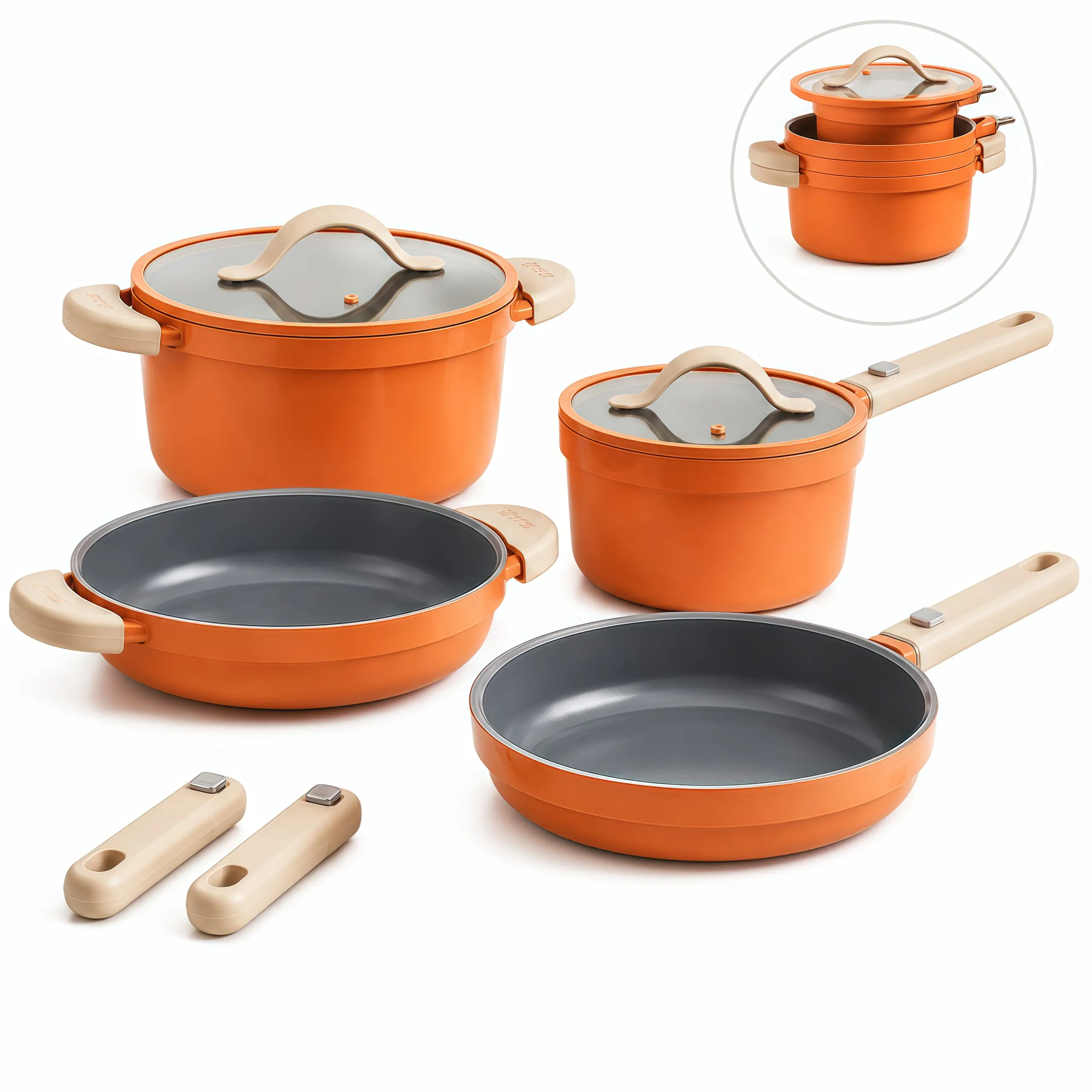 COOKER KING 8-Piece Compact Nonstick Cookware Set - Frying Pan Included, Stackable with Removable Silicone Handle, Space-Saving Pots for Induction, Gas, Electric Stovetops & Oven