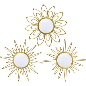 Mirror Wall Decor Gold Mirrors for Wall Metal Sunburst Mirrors Home Decoration Wall Art Decorative Mirror Suitable for Living Room Bedroom Entrance Set of
