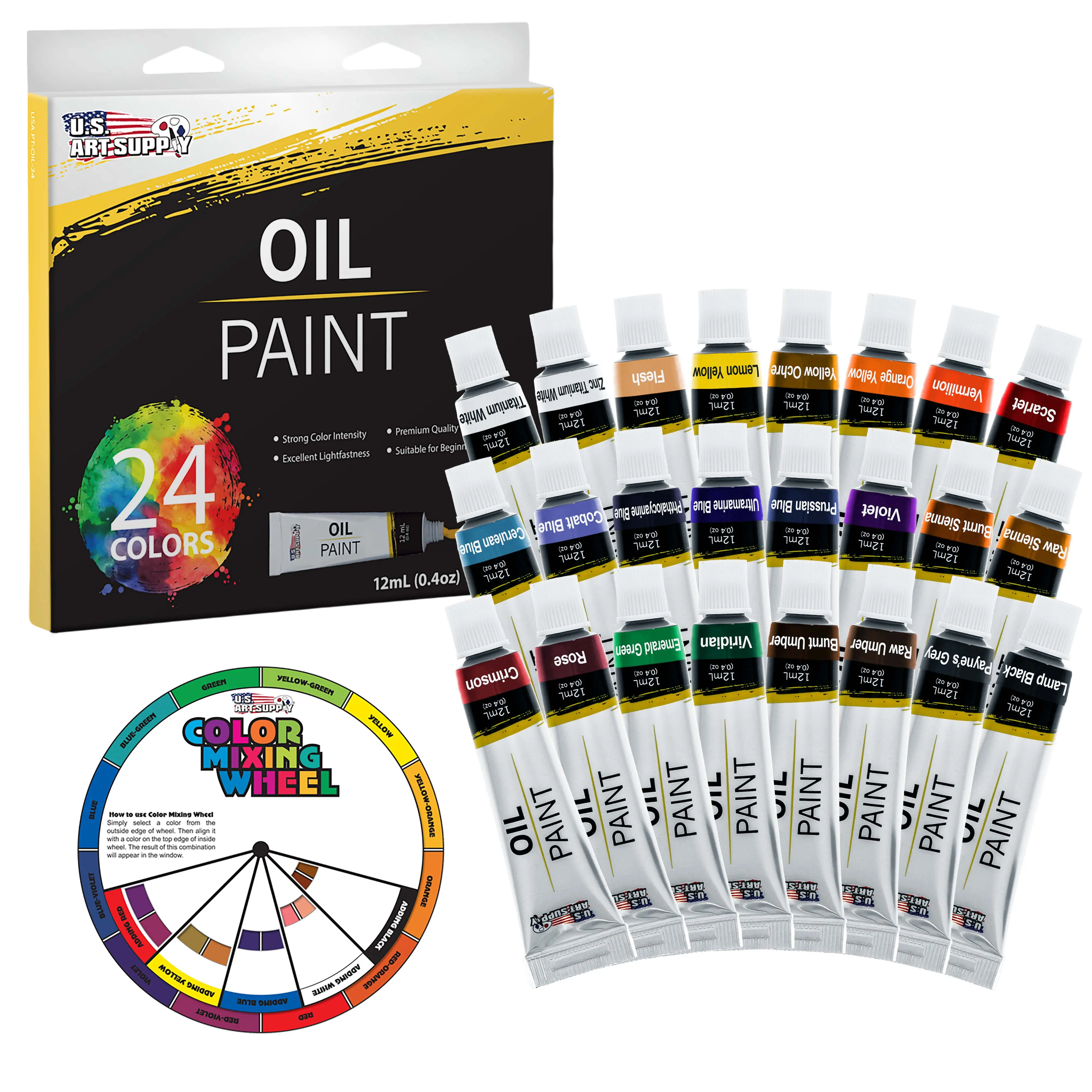 U.S. Art Supply Professional Oil Paint Set - 24 Vibrant Colors in 12ml Tubes for Canvas, Wood & Art Surfaces - Oil Based Paint for Artists, Adults & Students