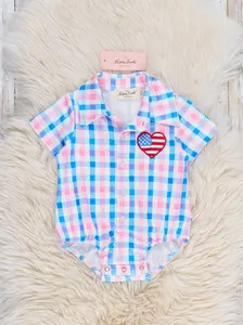 USA Heart Embroidered Plaid Button Romper