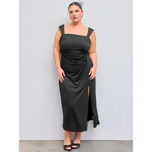 Cider [2 colors, size 0-24] Square Neckline Ruched Split Bowknot Maxi Dress Curve & Plus