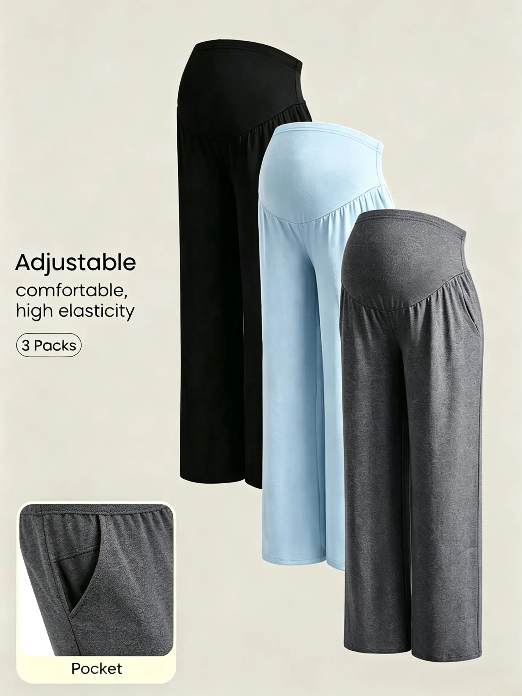3-Piece Set of Loose-Fitting Maternity Pants: With Pockets, High-Waisted, Soft and Stretchy, Casual and Relaxed Fit, Perfect for Everyday Wear During Pregnancy