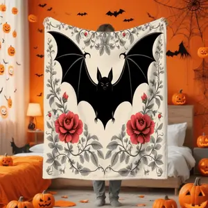 Ultra-Soft Flannel Throw Blanket - Gothic Bat & Rose Floral pattern in Black/White - Lightweight Warm All-Season Couch, Bed, Dorm, Office Blanket - Machine Washable - Multiple Sizes (30x40, 60x80 Inches) - Perfect Halloween Home D