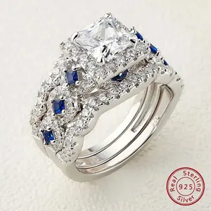 3 Pcs Wedding Rings Set for Women 925 Silver 2.6Ct Princess Cut White Blue AAAAA CZ Luxury Bridal Engagement Jewelry JR4972 #Love Story