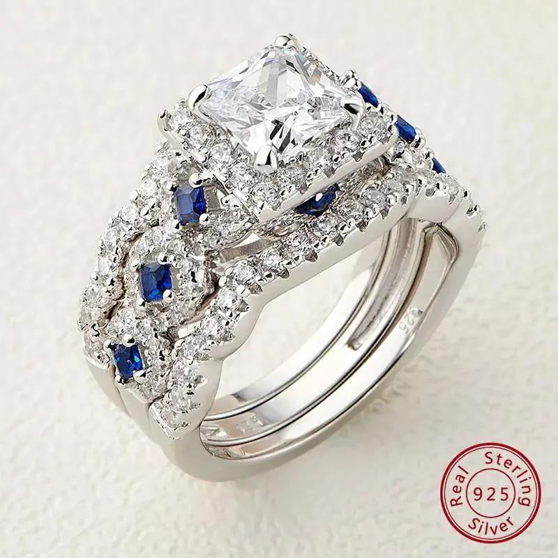 Women's 3-Pcs 925 Silver Wedding Rings Set, 2.6Ct Princess Cut White Blue AAAAA CZ, Luxury Bridal Jewelry JR4972 #Love Story, Rings for Women, Artificial Zircon Rings, Elegant Fashion Rings