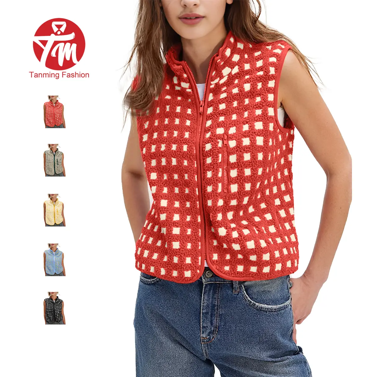 Tanming Fitted Women's Spring Checkered Sherpa Vest - Sleeveless, Zip-Up Plaid Gilet with Pocket, Casual Layering Fleece Top