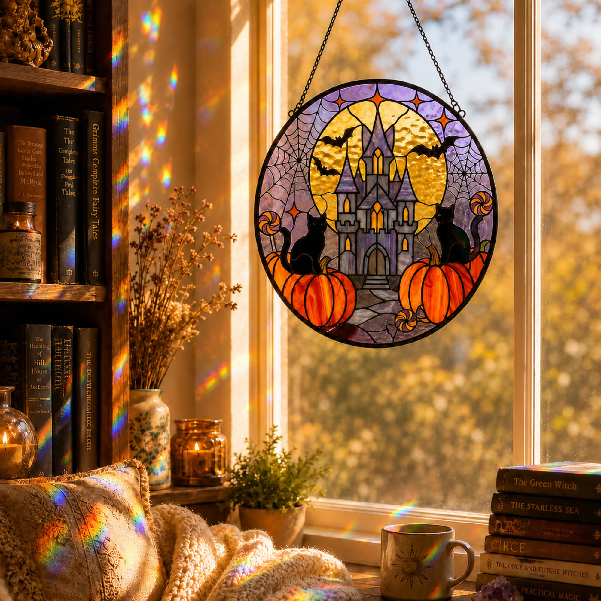 Floral Stained Glass Hanging Black Cat Halloween Suncatcher, Spooky Season Cat Mom Autumn Holiday Gift, Hangable Acrylic Gothic Castle-Pumpkin Decoration, Colorful Room Home Decor