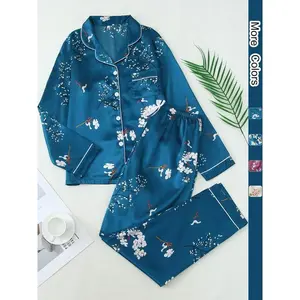 Two-Piece Set Women's Ditsy Floral Print Lapel Neck Pocket Shirt & Pants Satin Pyjama Set, Long Sleeve Button Front Top & Trousers PJ Set, Women's Sleepwear for All Seasons, Pajama Set