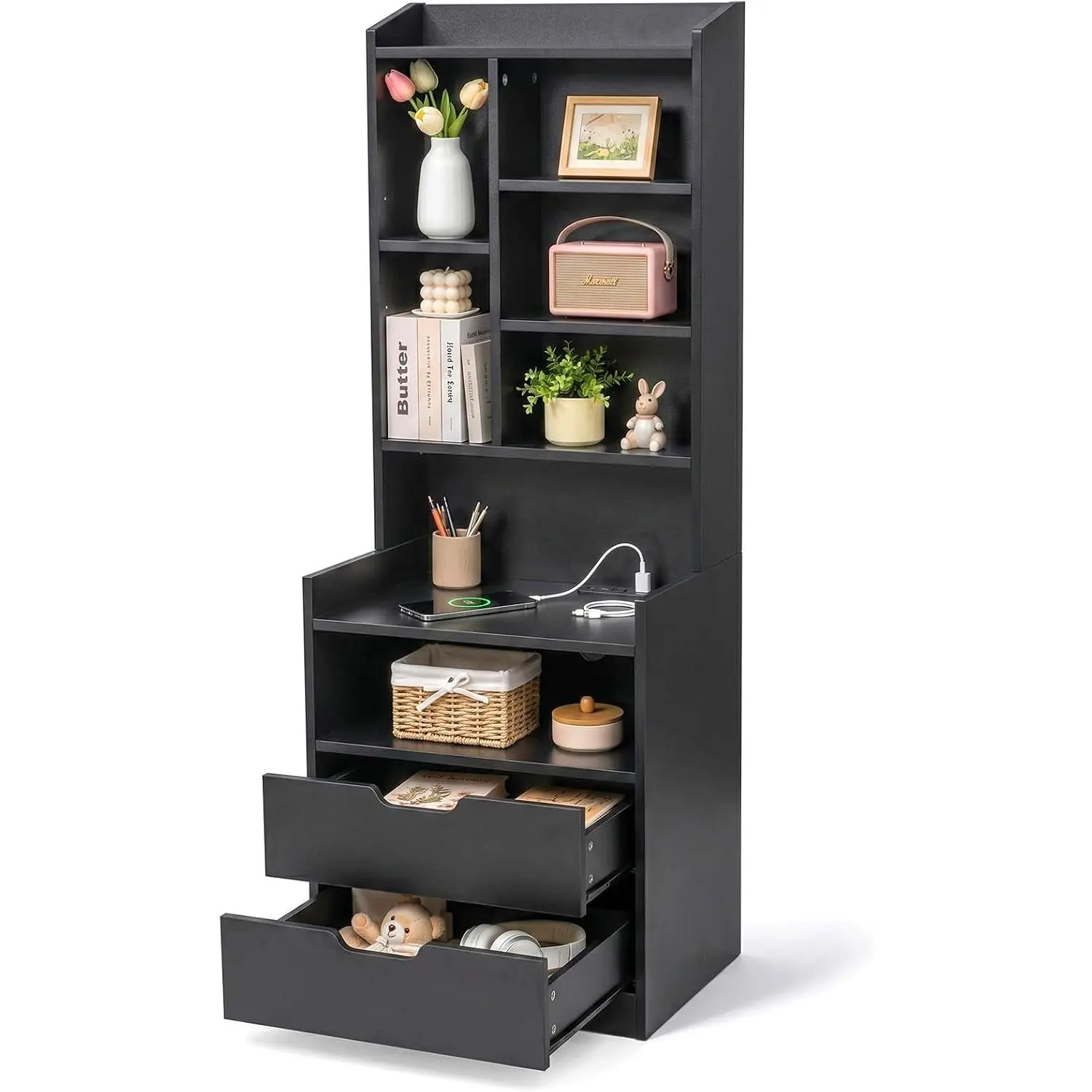 Karl home Tall Black Bedside Nightstand with LED Lights, Charging Station, Drawers, Power Outlets & Storage Bookshelf, Multi-Purpose End Side Table for Bedrooms