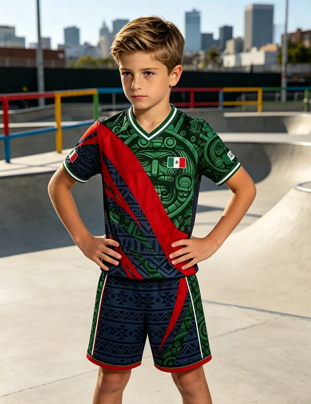 Breathable Sport Set, Boys Quick Dry Mexican Themed Athletic Set Short Sleeve V Neck Top with Matching Elastic Sport Shorts for 3-16Y