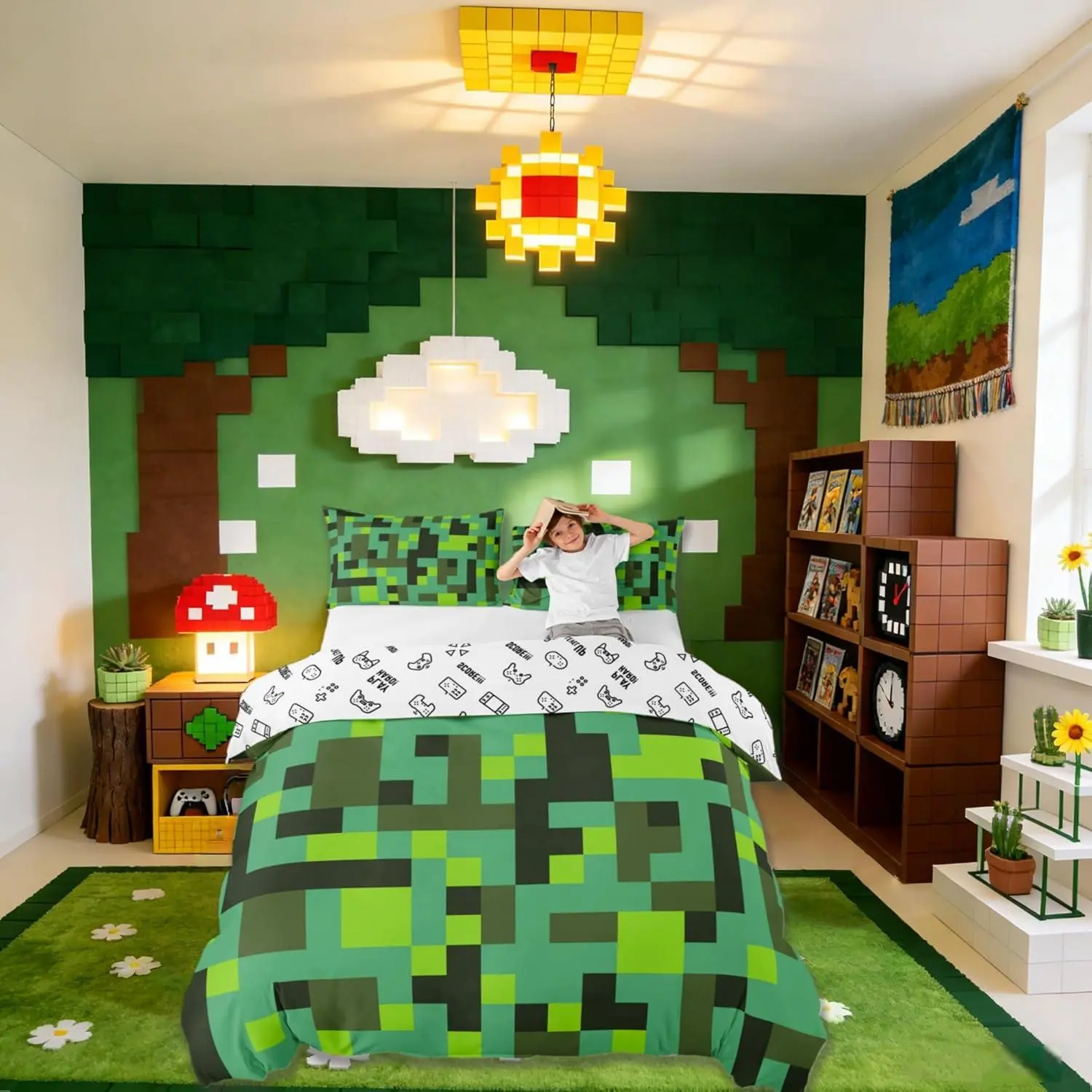 Pixel Grid Miners Girls Bedding Set,Geometric Grid Patchwork Pixelated Duvet Cover Set,Cartoon Gamepad Video Games Quilt Cover(No Comforter),Cyan Green Room Decor