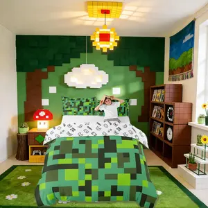 Pixel Grid Miners Girls Bedding Set,Geometric Grid Patchwork Pixelated Duvet Cover Set,Cartoon Gamepad Video Games Quilt Cover(No Comforter),Cyan Green Room Decor