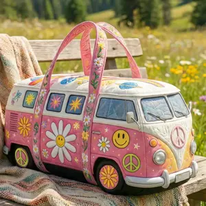 Hippie Van Quilted Travel Duffle Bag – Pink Retro Bus with Smiley & Daisy Floral Design, Soft Patchwork Travel Bag, Perfect for Adventure, Quilted Fun Travel Bag,