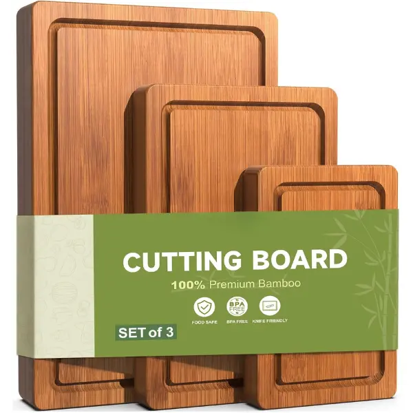 3-Piece Set Deep-Carbonized Bamboo Cutting Board for Kitchen, Carbonized | Crack-Resistant Wood Chopping Boards with Deep Juice Grooves, Pre-Oiled Butcher Block for Meat, Vegetables & Cheese