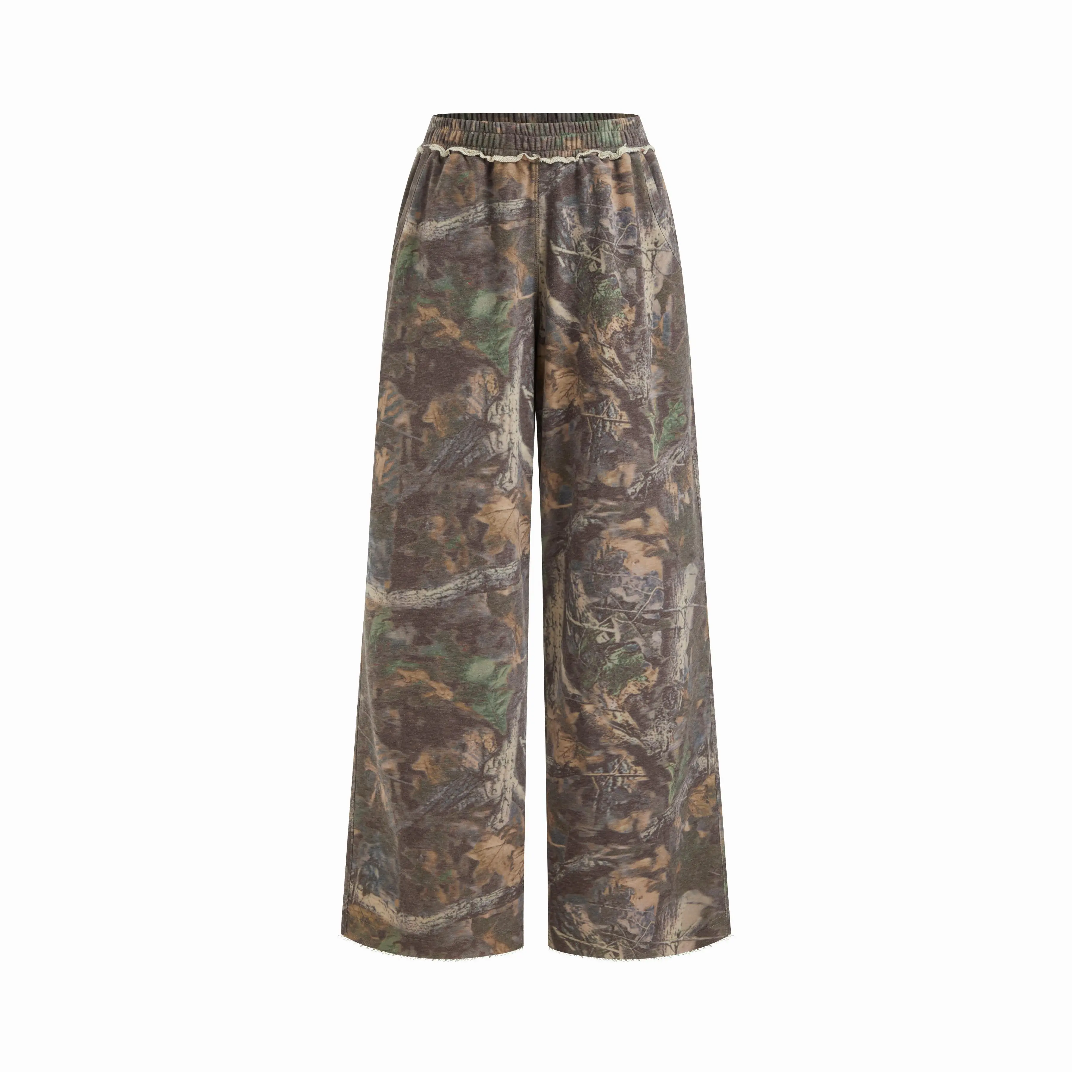 Cider Cotton-blend Mid Rise Elastic Waist Floral Camo Wide Leg Trousers, Bottom, Pants, Women, Knitting, Full Length