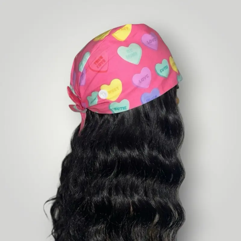 Pink Candy Hearts Satin-Lined Tie Back Nursing Scrub Caps