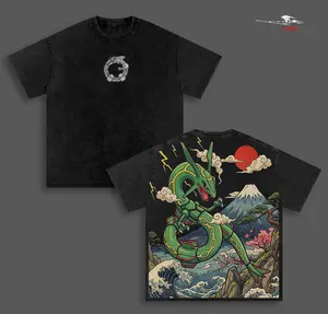 RayquazaPokemon Anime Double Printed Vintage Washed Tee Unisex Oversize Heavyweight Cotton T-shirt for Anime Fans and Lovers