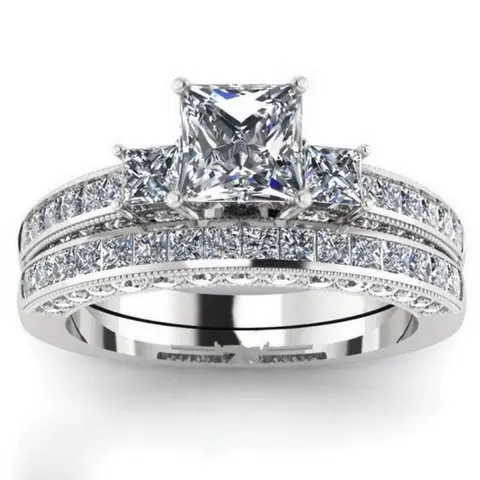Ladies' two-piece zircon ring set, square cut cubic zirconia wedding ring, sizes 6-10, a unique gift for her