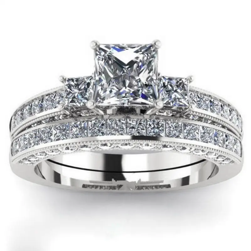 Ladies' two-piece zircon ring set, square cut cubic zirconia wedding ring, sizes 6-10, a unique gift for her