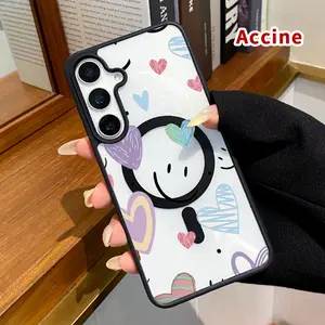 Magnetic Phone Case Compatible with Samsung Galaxy S23 Ultra S24 Plus S25 Edge S22+ FE Hearts and Smiles Clear Acrylic Hard Back Soft TPU Edge wireless charging compatible phone Cover