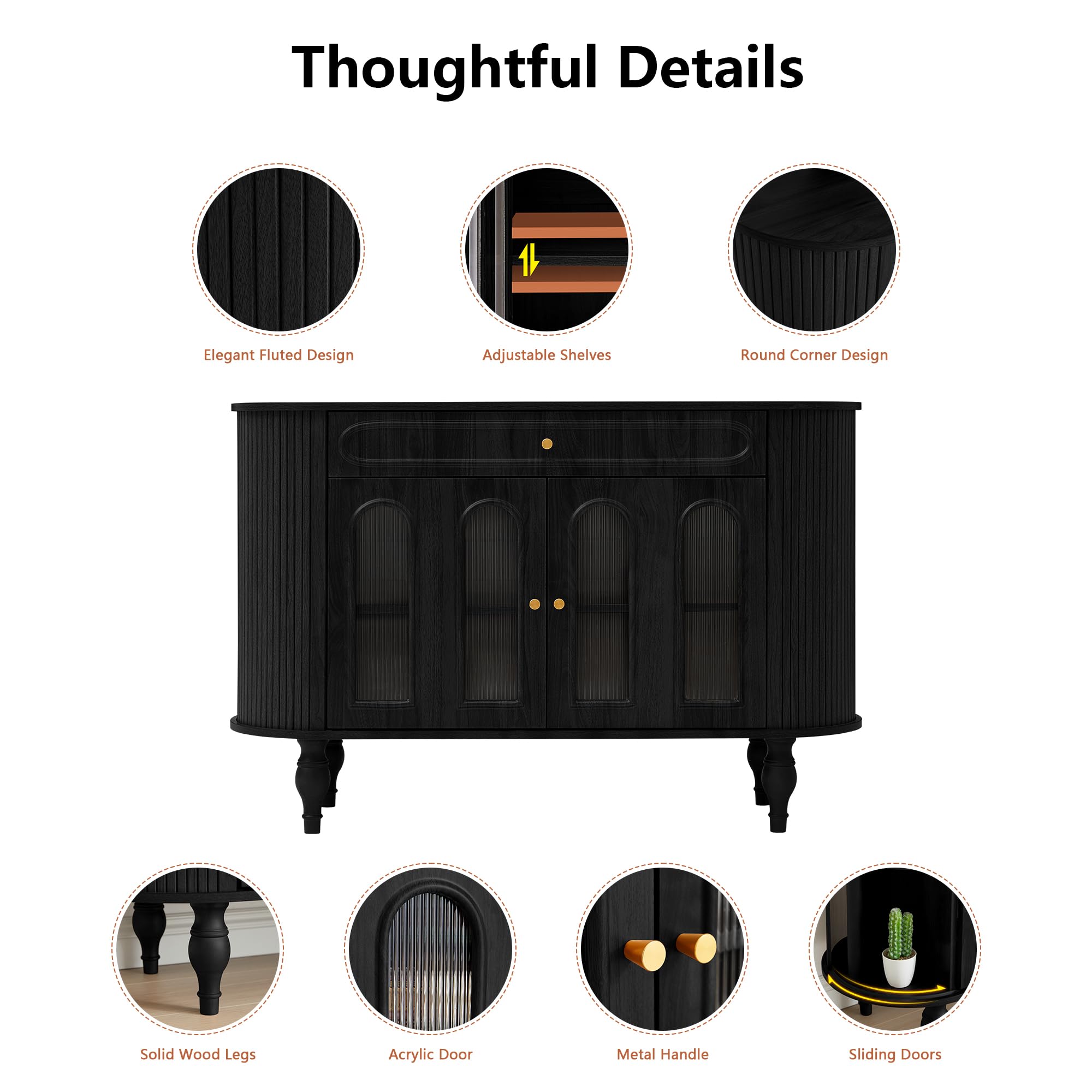 Giratree 47'' Fluted Sideboard Buffer Cabinet with Drawer, Modern Credenza Storage Cabinet, Bar Cabinet Console Table with Tambour Sliding Side for Living Dining Room Kitchen Hallway Entryway