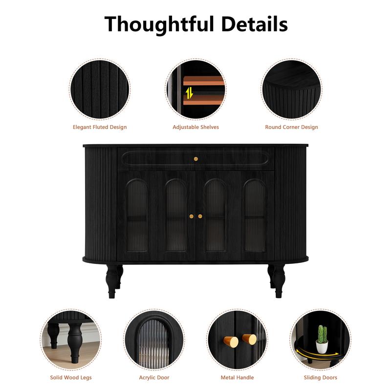 Giratree 47'' Fluted Sideboard Buffer Cabinet with Drawer, Modern Credenza Storage Cabinet, Bar Cabinet Console Table with Tambour Sliding Side for Living Dining Room Kitchen Hallway Entryway