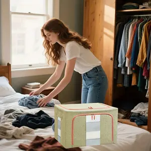 24L Multi-Purpose Cotton Linen Storage Box, Fabric Organizer Folding Blanket Storage, Foldable Closet Moving Aid, Ideal for Clothing Storage