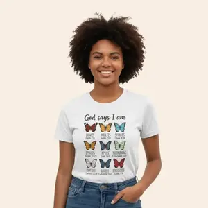 Women's ,  Gen Z casual short-sleeved T-shirt-colorful butterfly and inspirational Bible scripture design soft elastic round neck top spring and summer autumn machine-washable faith theme shirt comfortable fit women's T-shirt suitable for Easter,