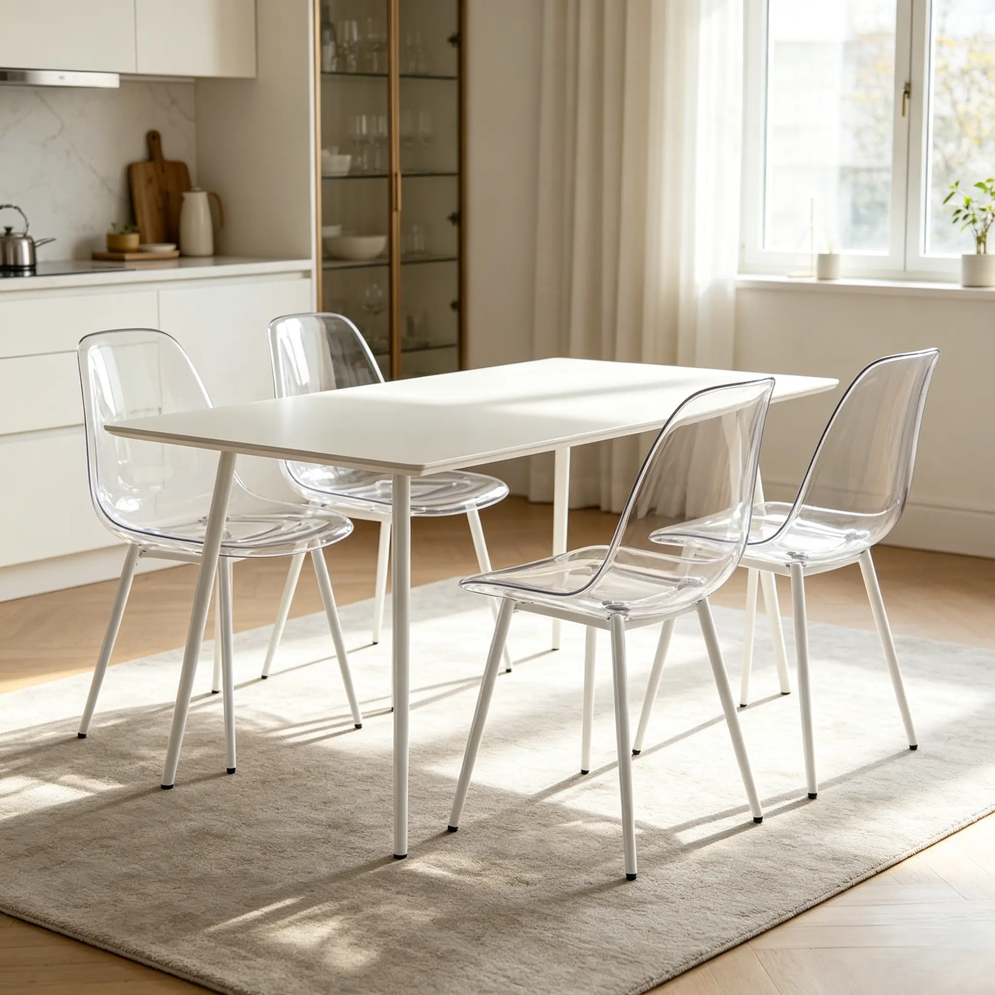 Set of 4 Transparent Dining Chairs, Modern Clear Plastic Contoured Seat with Sturdy White Metal Legs, Contemporary Mid-Century Accent Side Chairs for Kitchen Dining Room Living Room Home Office Cafe, Easy Clean & Quick Assembly