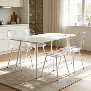 Set of 4 Transparent Dining Chairs, Modern Clear Plastic Contoured Seat with Sturdy White Metal Legs, Contemporary Mid-Century Accent Side Chairs for Kitchen Dining Room Living Room Home Office Cafe, Easy Clean & Quick Assembly