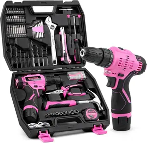 147 count Pink Power Drill Drivers Tool Set with 12V Cordless Drill, Professional Household Home Tools Kit Set, DIY Pink Electric Drill Cordless Hand Tool Box for Women