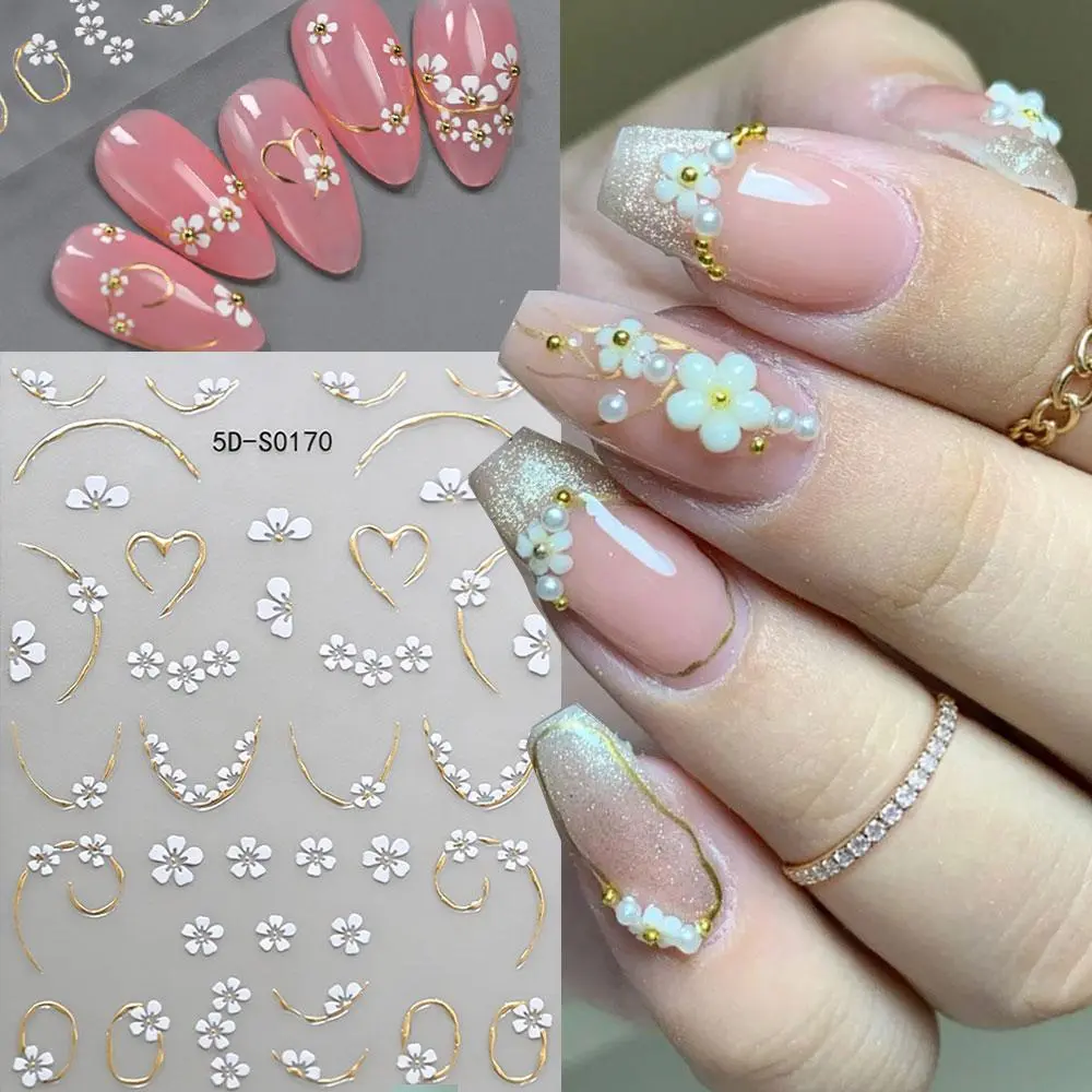 1pcs 5D White Flower Daisy Nail Stickers Gold Curve Heart Floral Self-Adhesive Nail Decals DIY Spring Daisy Manicure Accessories
