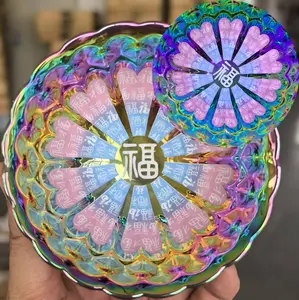 With Fu Character Luminous Glass Bowl - Colorful Glow-in-the-Dark Iridescent Rainbow-Hued Art & Tradition Symbol of Prosperity - 9.6cm Diameter, 6cm Height