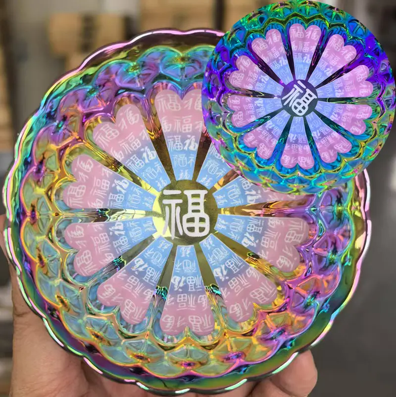 With Fu Character Luminous Glass Bowl - Colorful Glow-in-the-Dark Iridescent Rainbow-Hued Art & Tradition Symbol of Prosperity - 9.6cm Diameter, 6cm Height
