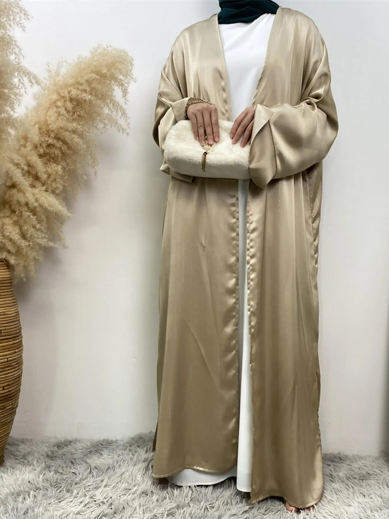 Women's Solid Batwing Sleeve Split Hem Abaya, Modest Long Sleeve Open Front Abaya for Daily Wear, Women's Islamic Clothing for Spring & Fall