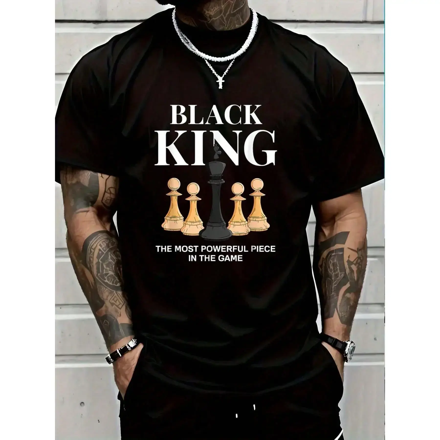 Vintage Black King Chess Black Pride Powerful Graphic Tee Men Black Cultural Short Sleeve Top