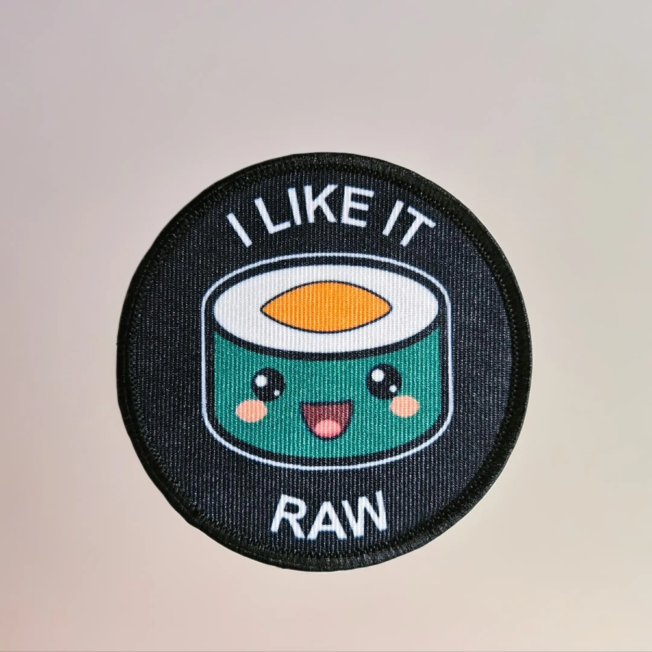 i like it raw maki roll sushi meme 3" circle removable morale patch with hook and loop backing